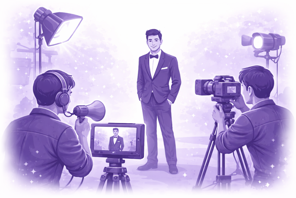 סט סרט עם שחקן וצלם